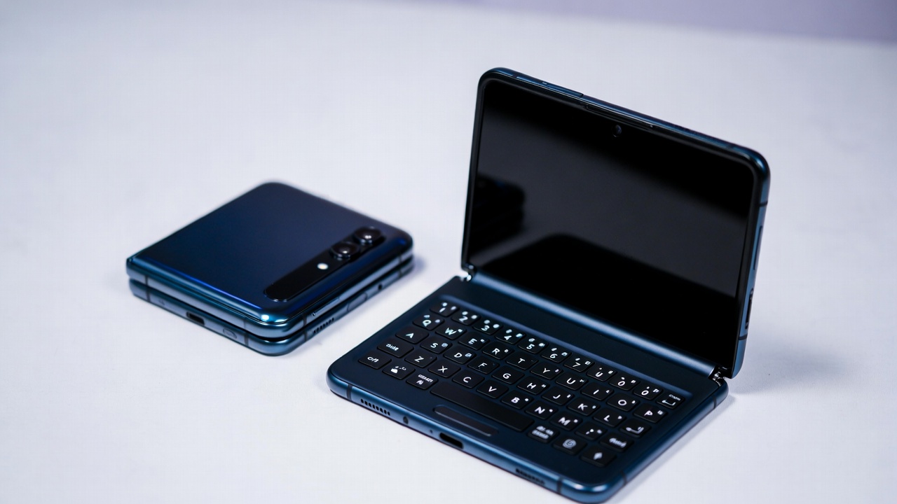 Foldable phone showing both folded and unfolded positions