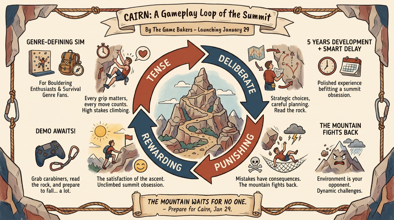Cairn: The Ultimate Survival Climbing Sim Hits January 29, 2026 - No Handholds Spared 1 Mountain climber scaling sheer rock face representing Cairn survival gameplay