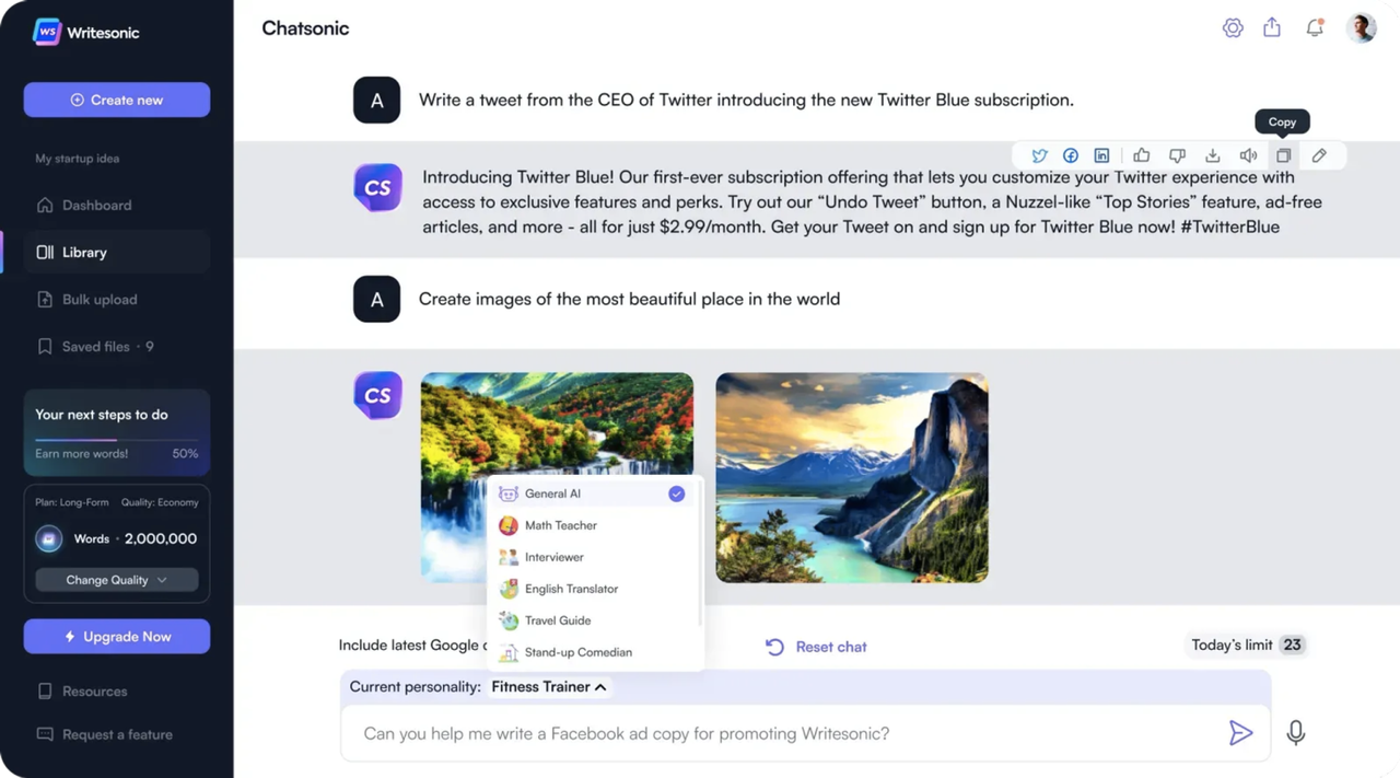 ChatSonic allows multimodality and customized answers based on avatars.
