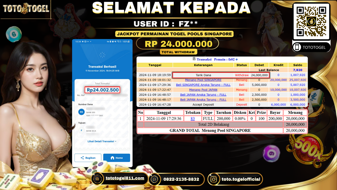 Bukti Pembayaran Jackpot Permainan Togel Pools Singapore  ID: FZ** LUNAS 