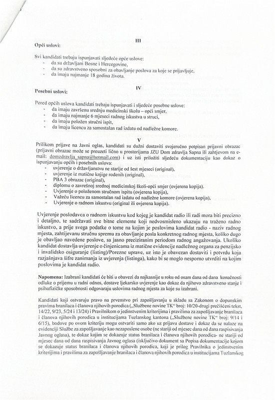 Javni oglas JZU DOM ZDRAVLJA SAPNA page 0002