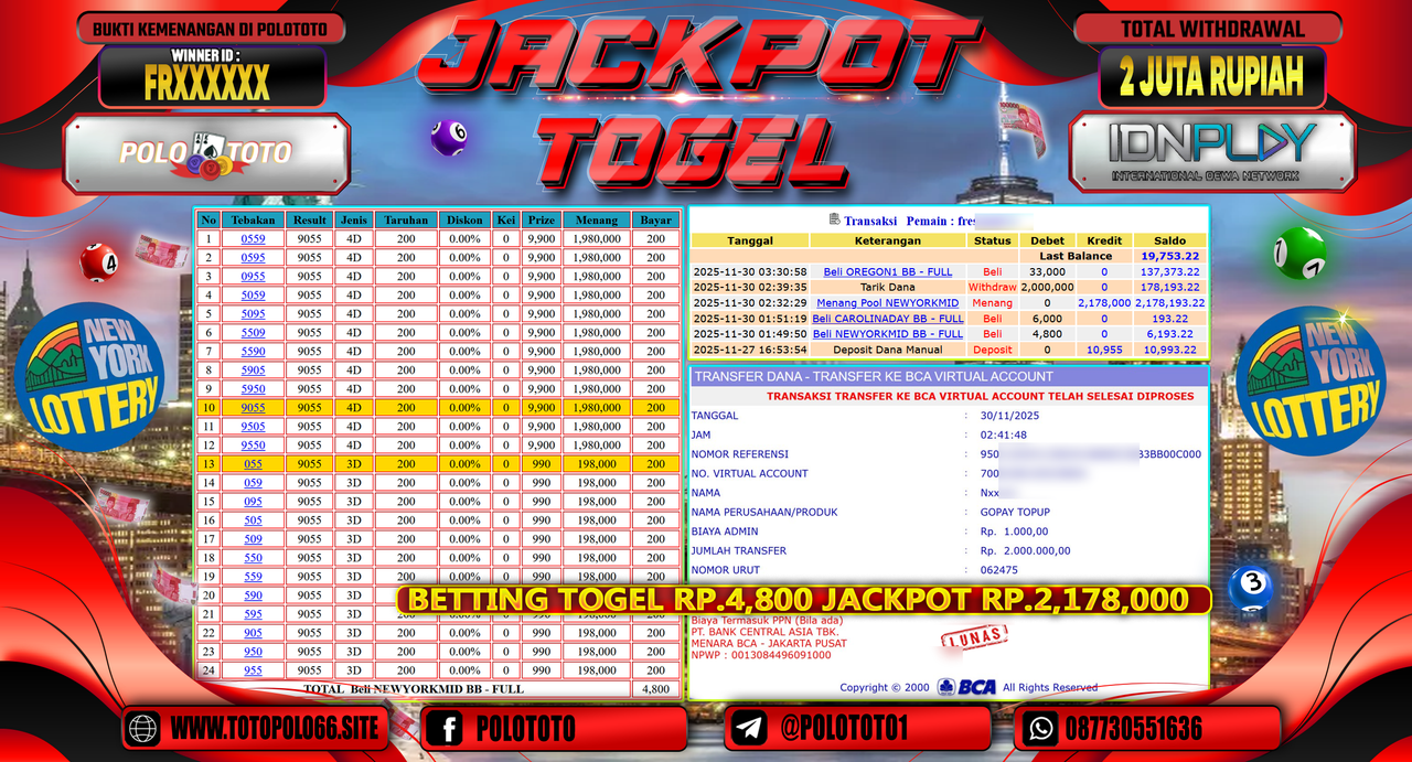 POLOTOTO JACKPOT TOGEL MENANG POOL NEWYORKMIDDAY Rp.2.000.000,- LUNAS