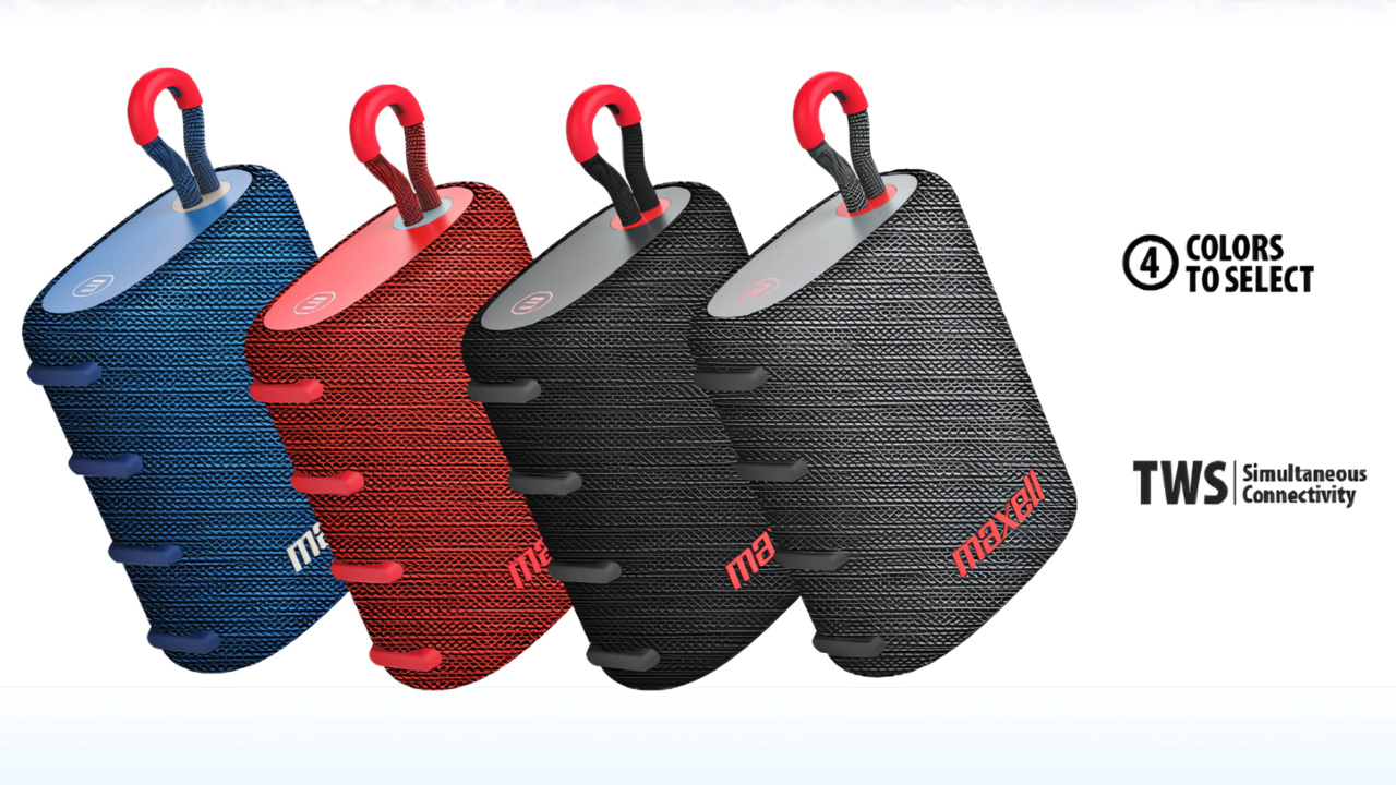 Bocina portátil Maxell Nomad con su luz LED de colores encendida.