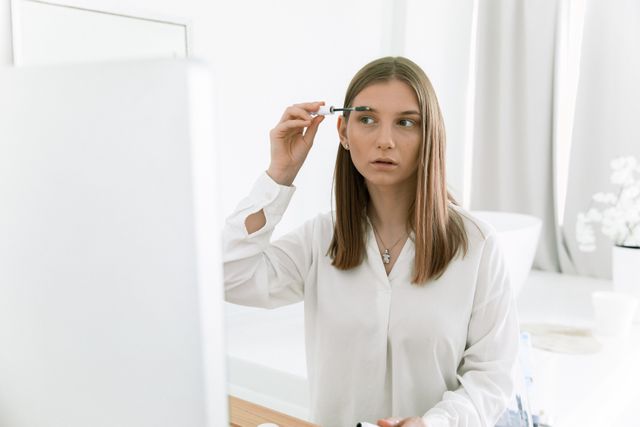 a woman using brow gel to set her eyebrows 