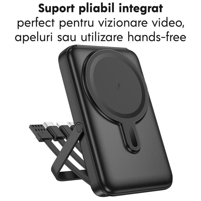 Baterie externa cu incarcare wireless Hoco J135, 22.5W+PD20W, Magnetica, Suport pliabil, 10000mAh, Incarcare rapida, 4 cabluri cu incarcare rapida, Negru asdad