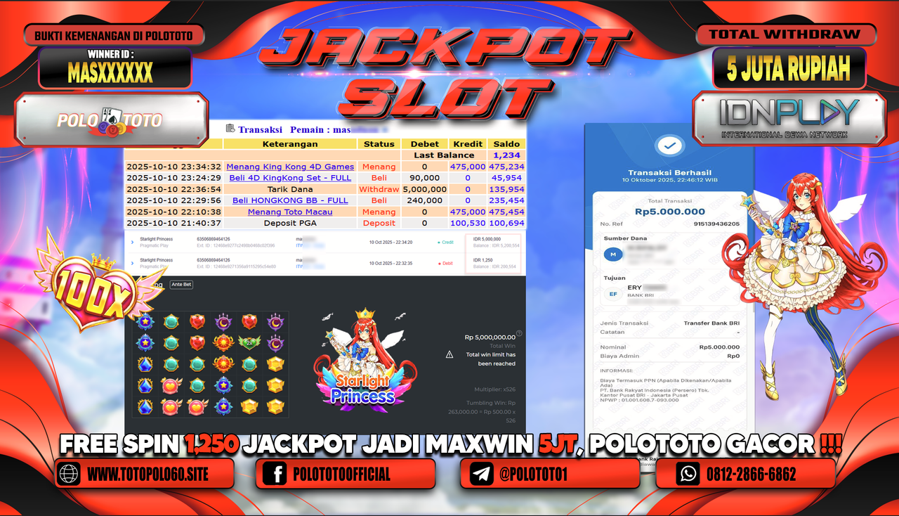 POLOTOTO JACKPOT SLOT STARLIGHT PRINCES Rp.5.000.000,- LUNAS