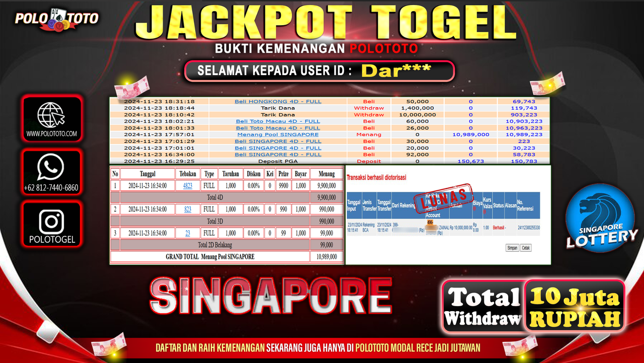POLOTOTO JACKPOT TOGEL PASARAN SINGAPORE Rp.10.000.000,-