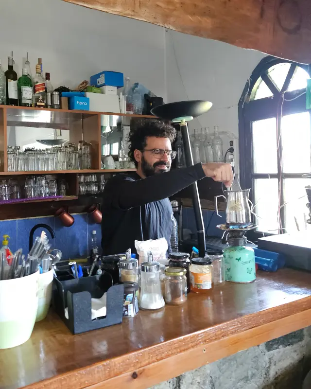 Apostolis making a coffee