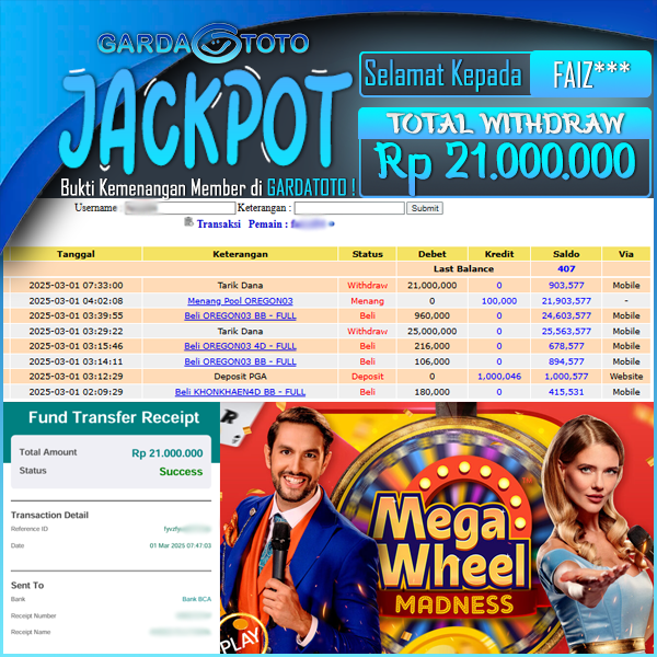 JACKPOT MEGA WHEEL WD Rp 21.000.000,- DIBAYAR LUNAS GARDATOTO MANTAP !