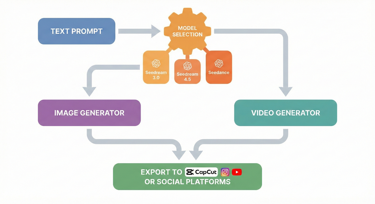 Infographic diagram showing how Dreamina AI works: text prompt feeds into Seedream 3.0, Seedream 4.5, or Seedance model, then outputs images or videos that export to CapCut or social platforms