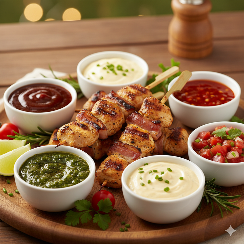 A collection of colorful sauces in bowls.