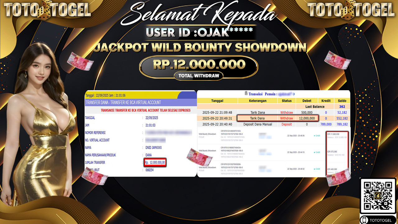 Bukti Pembayaran Jackpot Permainan Slot Wild Bounty ShowDown  ID:OJAK*** LUNAS