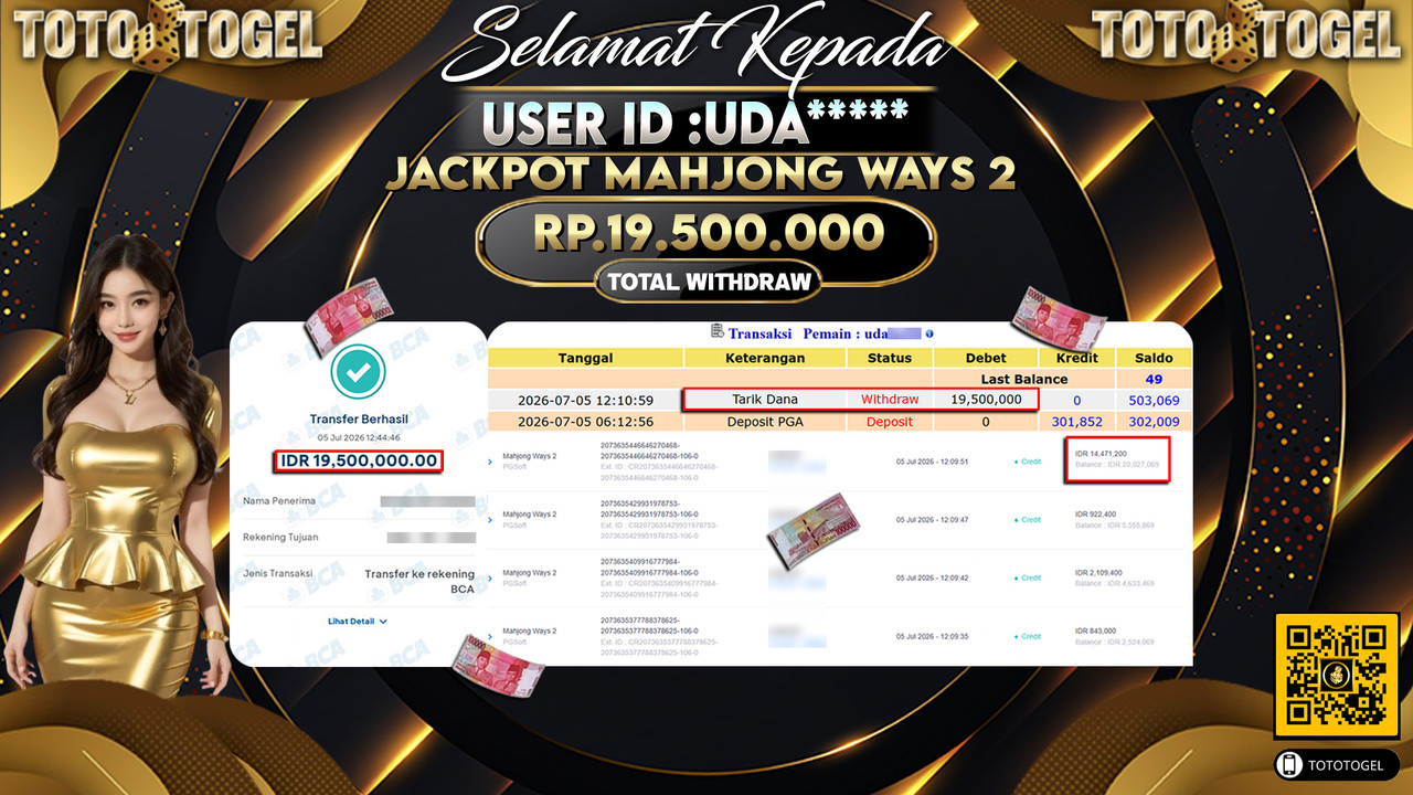 Bukti Pembayaran Jackpot Permainan Slot Mahjong Ways 2 ID:UDA*****LUNAS