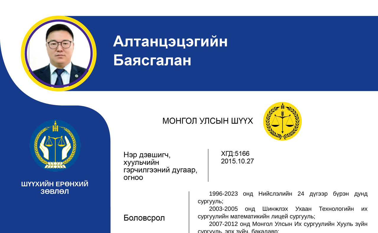 Эрүү, Иргэний хэргийг харьяалан шийдвэрлэх анхан шатны шүүхийн шүүгчид нэр дэвшигч А.Баясгалангийн мэргэжлийн үйл ажиллагааны танилцуулга