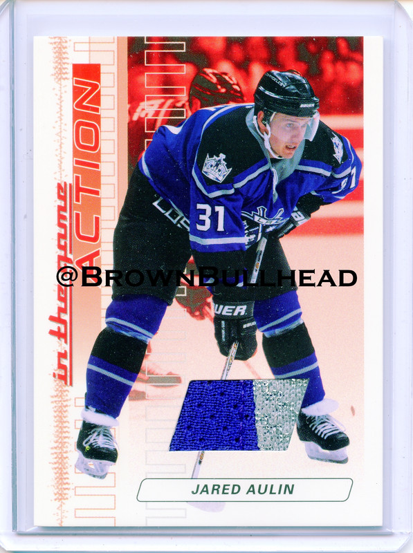 2003-04 ITG Action Jerseys #M-003 [Jared Aulin] [Los Angeles Kings] [Ruby] [~500] [swatch=purple sil