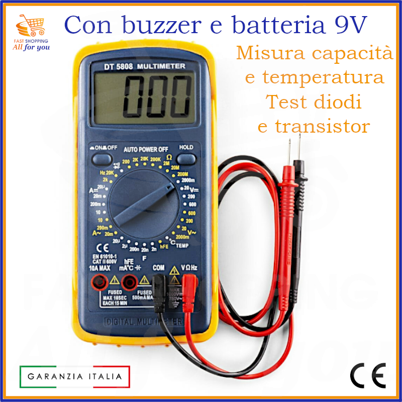 Tester multimetro digitale elettronico professionale con capacimetro e cicalino misura resistenze condensatori temperatura test diodi e transistor hfe