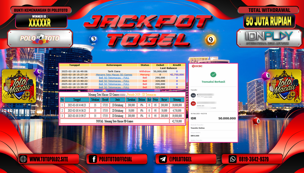 POLOTOTO JACKPOT TOGEL TOTO MACAU 5D Rp.50.000.000,-