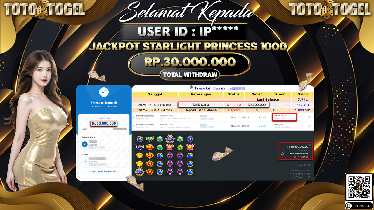 Bukti Pembayaran Jackpot Permainan Slot Starlight Princess 1000 ID:IP***** LUNAS