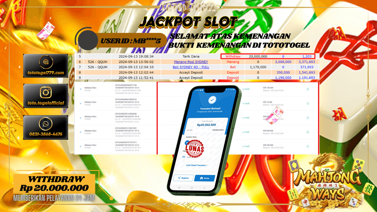 Bukti Kemenangan Permainan Slot Mahjong Ways  Dengan ID : MB****5 Terbayar Lunas!!