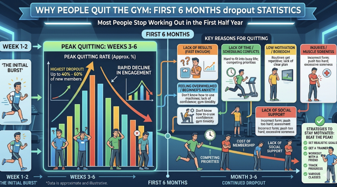 Why most people stop working out woman looking tired on gym equipment showing fitness consistency tips and gym dropout reasons