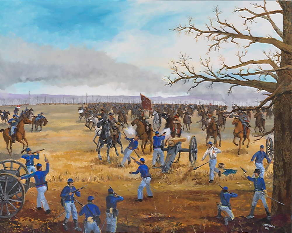 Battle of Pea Ridge, Arkansas. Representa la carga de caballería confederada el 7 de marzo de 1862 d