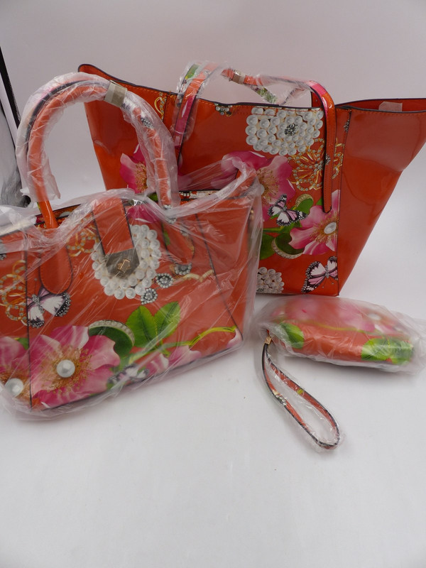 LE MEIL 3-IN-1 GLOSSY GARDEN BAG SET:TOTE,SATCHEL,AND WRISTLET POUCH LF147-F