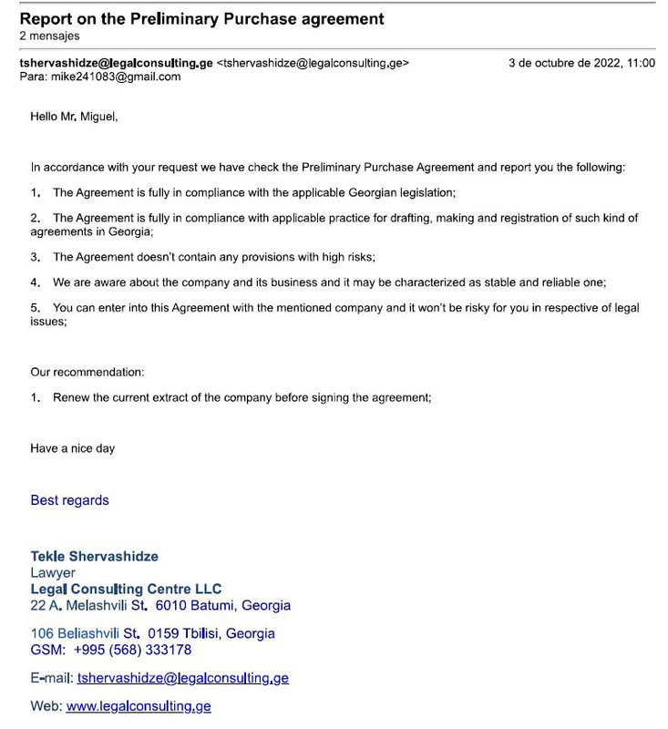 Report on the Preliminary Agreement assuring all righ