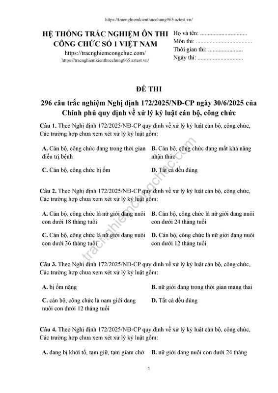 296 câu trắc nghiệm NĐ 172 kỷ luật CBCC - a-1