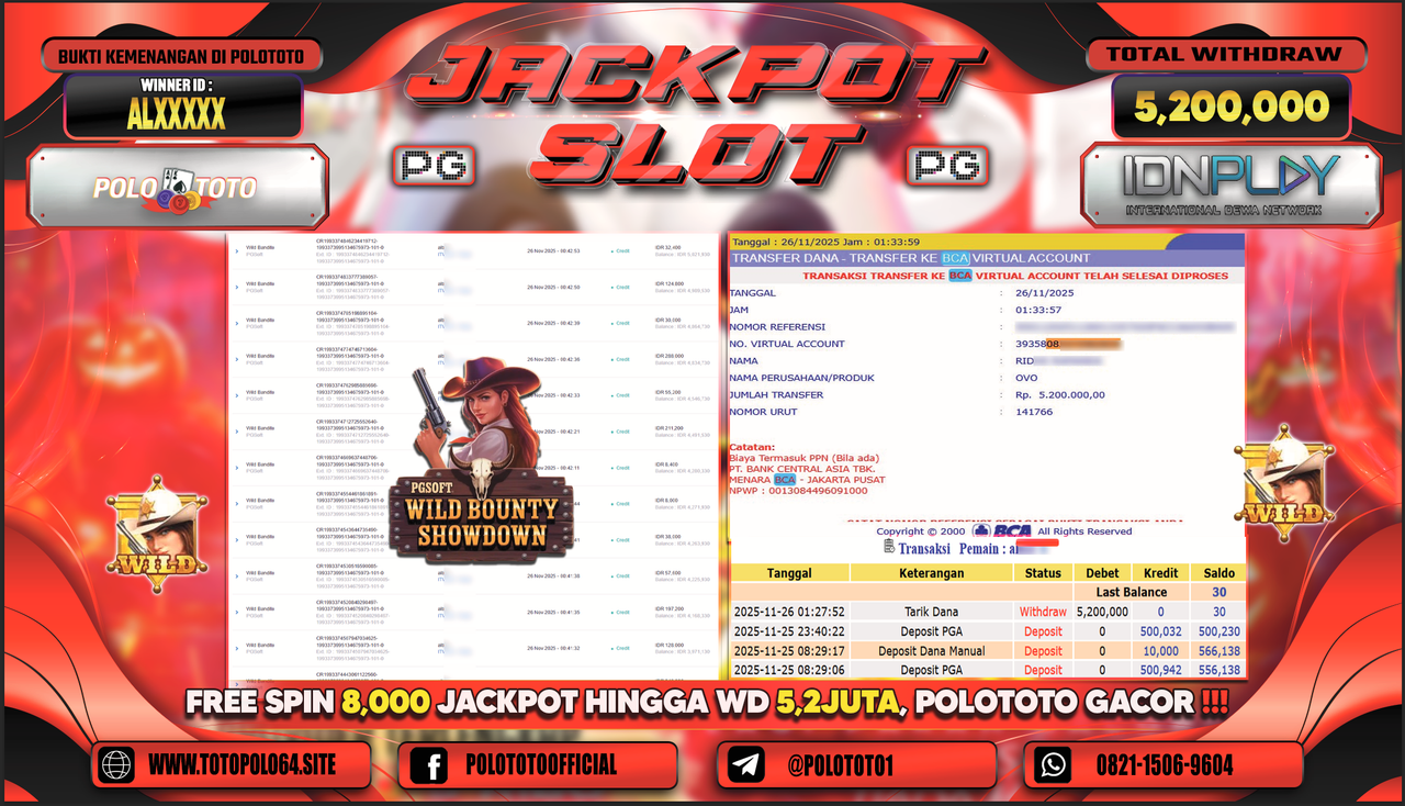POLOTOTO JACKPOT SLOT WILD BOUNTHY SHOWDOWN Rp.5.200.000,- LUNAS
