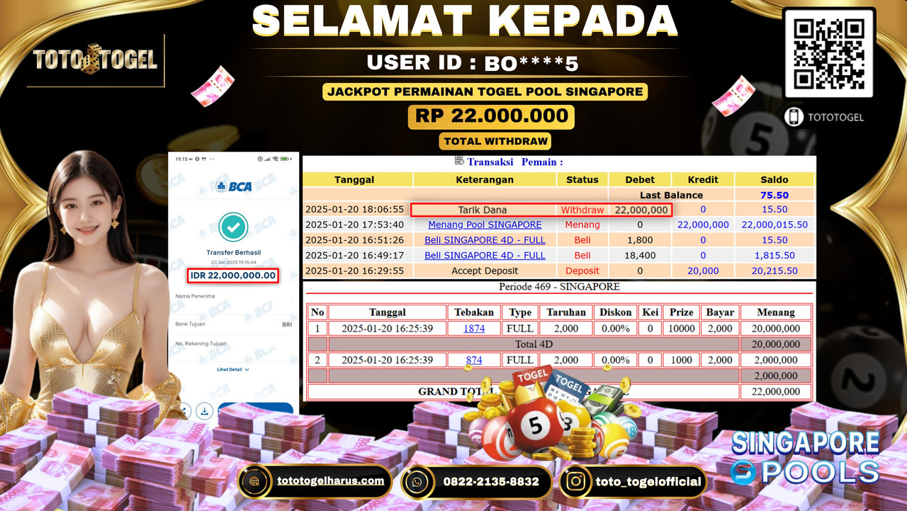 Bukti Pembayaran Jackpot  Permainan Togel Pool Singapore  ID:BO****5  LUNAS