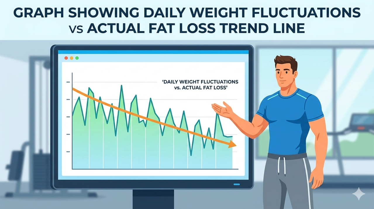 Graph showing daily weight fluctuations with water retention glycogen and food weight compared to actual fat loss trend line over time