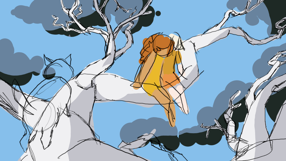 Blue color palette thumbnail of two characters in a tree