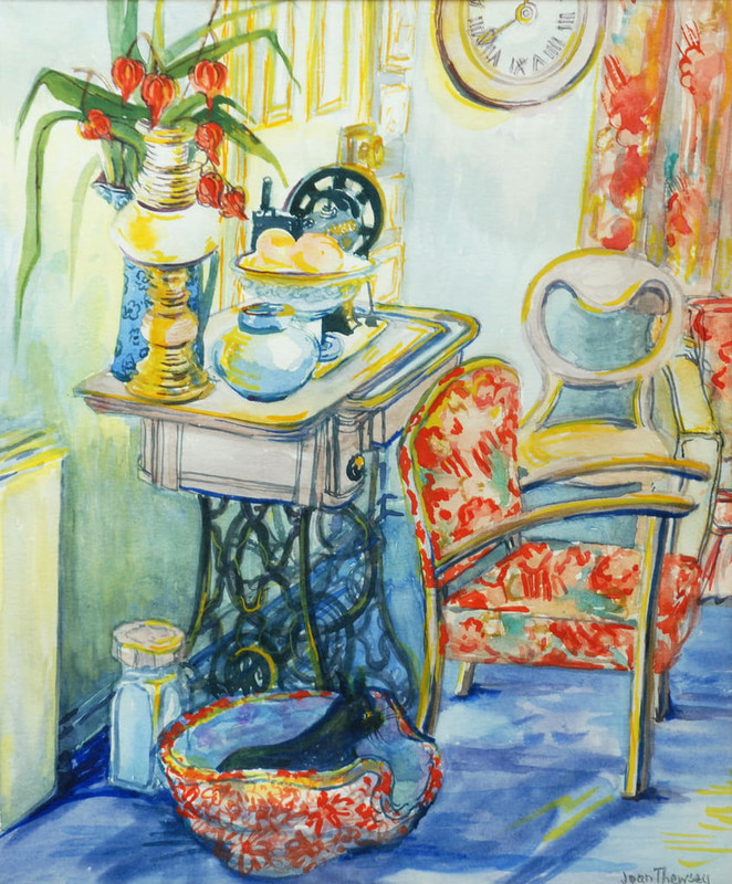 Joan-Thewsey-Cottage-Interior-with-Cat-2000-water-colour-on-homemade-paper-Meister-Drucke-393107