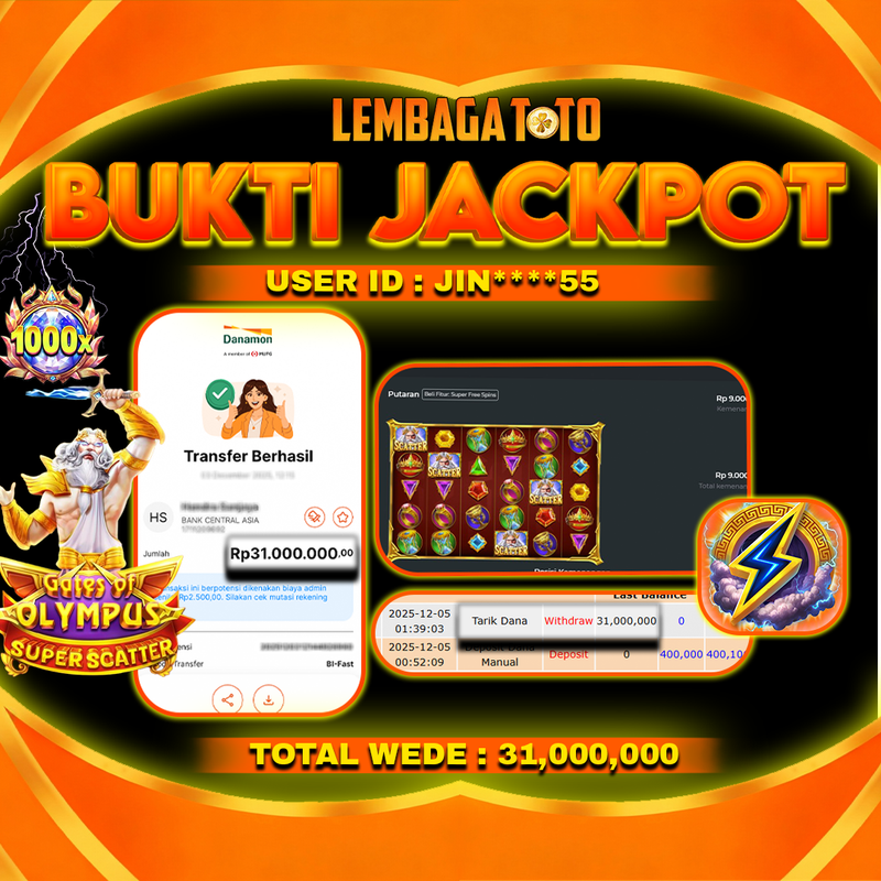 BUKTI JACKPOT 05 DECEMBER LEMBAGATOTO GATES OF OLYMPUS SUPER SCATTER Rp31,000,000,- LUNAS