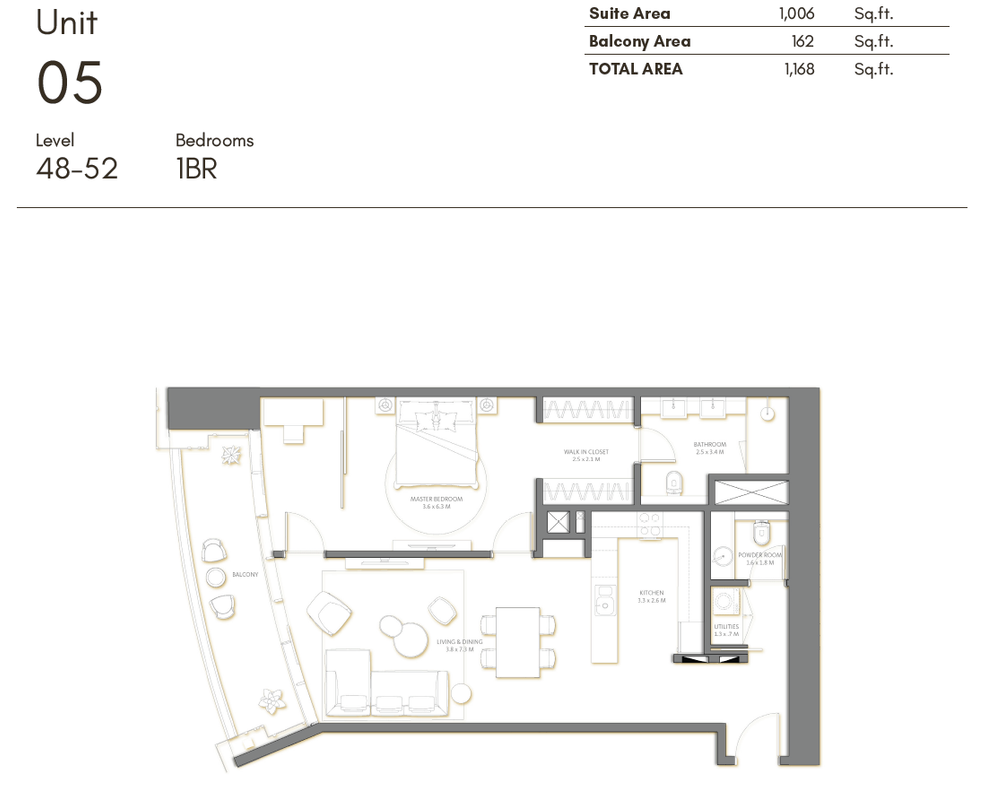 Detailed keyplan and layout diagram for the 1-BR apartment in Palm Beach - Tower 3 on Palm Jumeirah, illustrating unit positioning within the tower — Palm Beach - Tower 3 1-BR Distress Deal floorplan