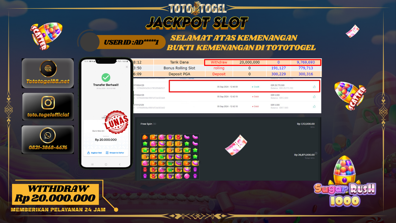 Bukti Kemenangan Permainan Slot Sugar Rush 1000 Dengan ID : AD****1 Terbayar Lunas!!
