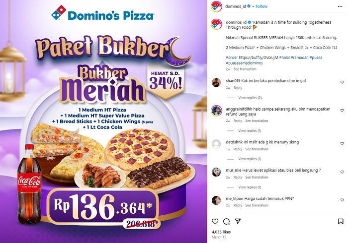 Dominos Pizza menawarkan paket Bukber Meriah selama bulan Ramadhan 2024 dengan harga 136 ribuan sudah termasuk 2 medium pizza, bread sticks, chicken wings dan minuman.