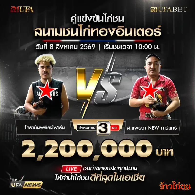 โปรแกรมไก่ชน สนามชนไก่ทองอินเตอร์ 8 สิงหาคม 2569 โจราชันพยัคฆ์ฟาร์ม พบ ส.แพรวา NEW คาร์แคร์
