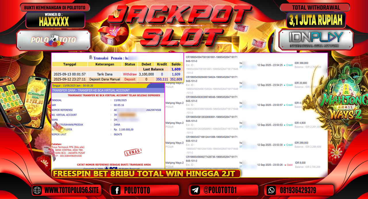 POLOTOTO JACKPOT SLOT MAHJONG WAYS 2 Rp.3.100.000,-