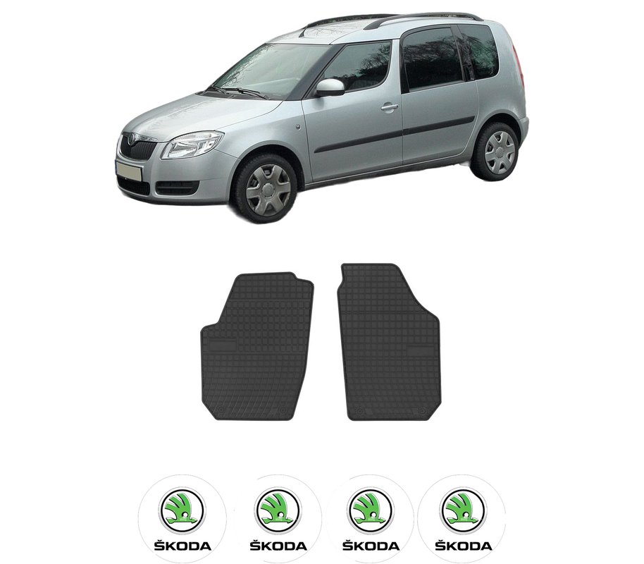 Set covorase presuri SKODA ROOMSTER Praktik (5J) din 2007-2015, auto, din cauciuc thermoplastic, 4 Stickere auto cu SKODA