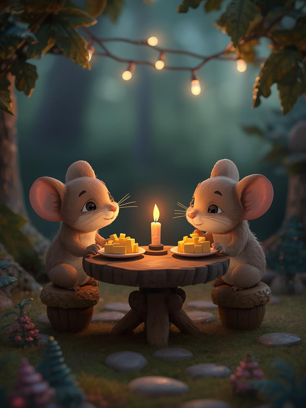 Cartoon mice at acorn table