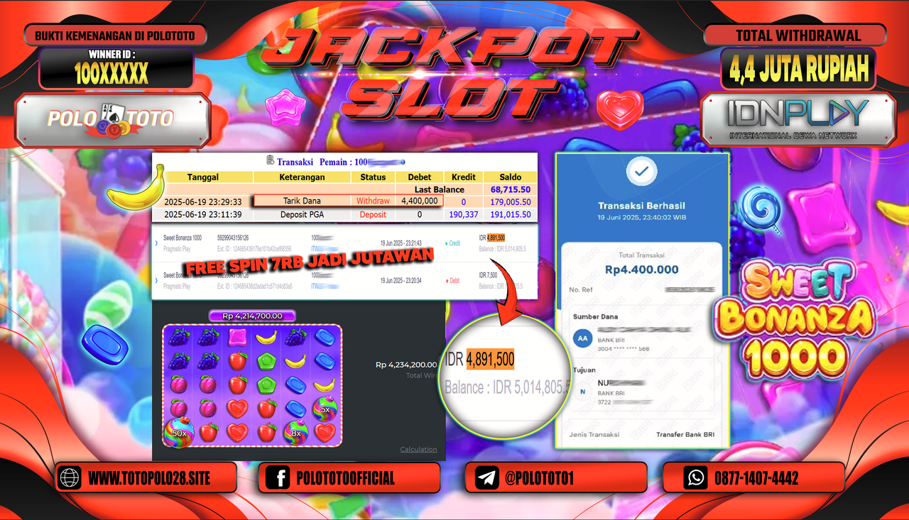 POLOTOTO JACKPOT SLOT SWEET BONANZA 1000 Rp.4.400.000,-