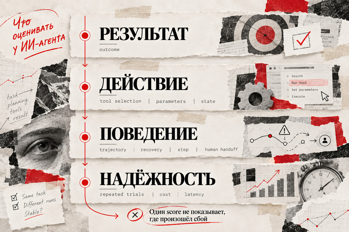 Уровни оценки ИИ-агента: результат, действия, поведение и надёжность