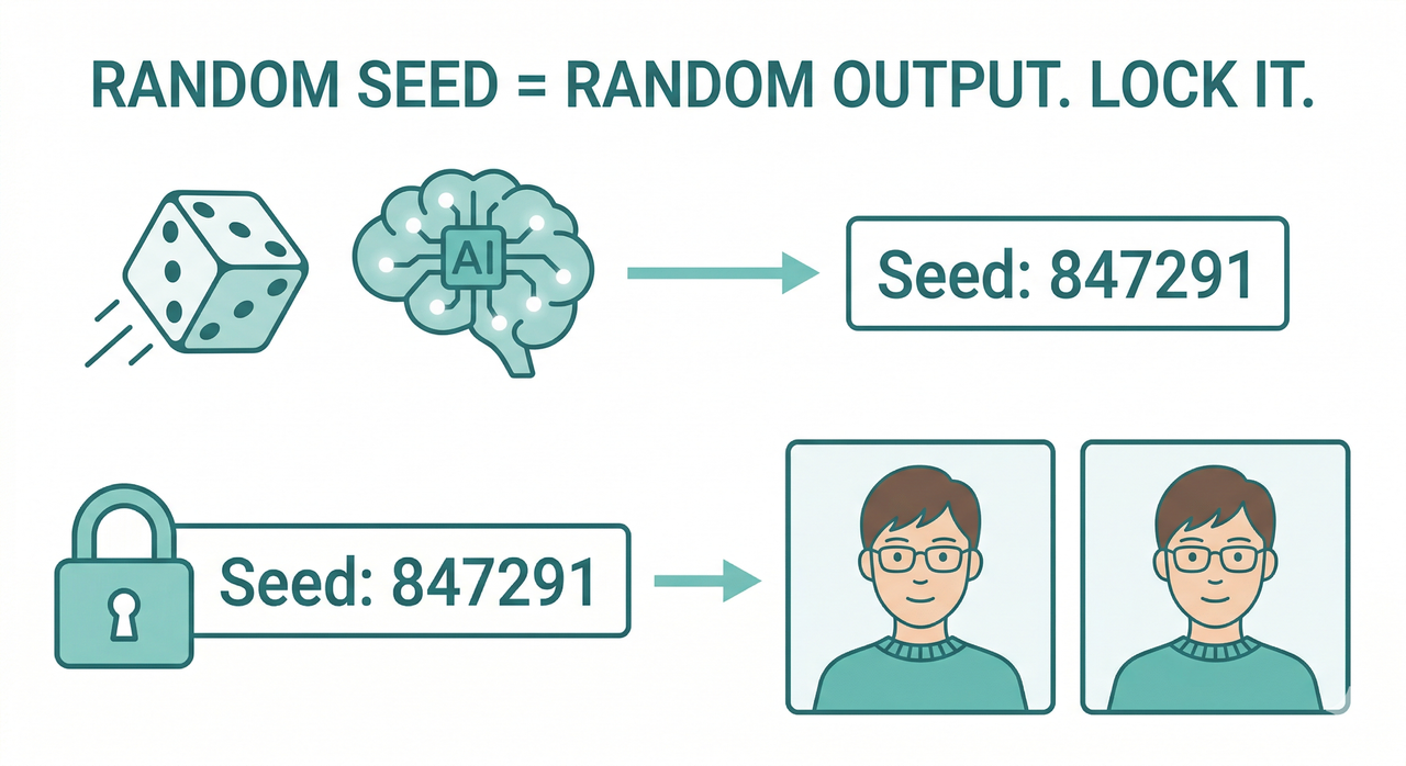 Random seed vs locked seed diagram for AI image consistency
