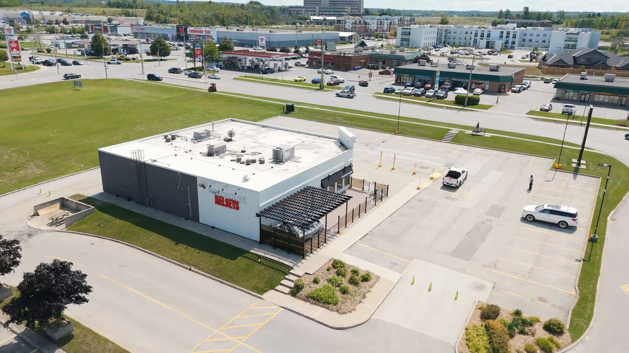 Aerial view of the renovated Kelseys restaurant and parking lot