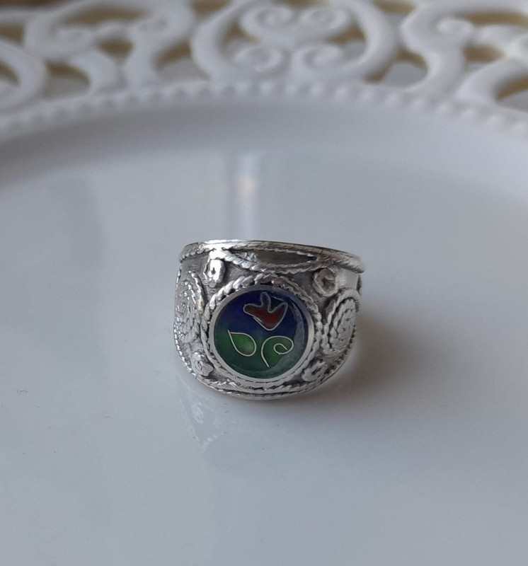 Minankari Ring Old Motifs, Sterling Silver, Jewelry from Tbilisi - handmade cloisonne enamel