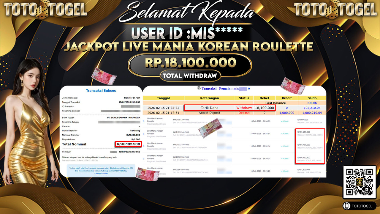 Bukti Pembayaran Jackpot Permainan Pragmatic Live Mania Korean Roulette ID:MIS*****LUNAS
