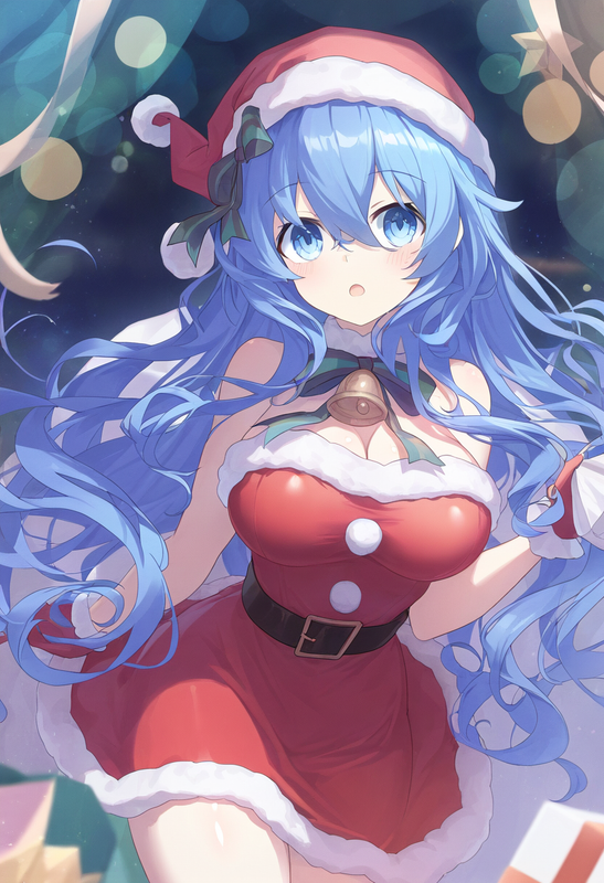 1girl, yoshino (date a live), blue eyes, blue hair, large breasts, santa costume s-2317925005