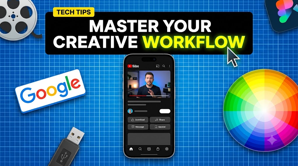 AI-generated example result for the youtube-thumbnail prompt: Master Your Creative Workflow Thumbnail – Tech Tips Blueprint Design AI YouTube Thumbnail Prompt