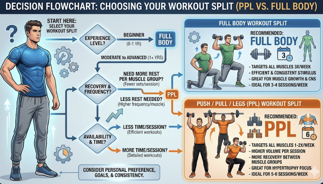 Decision flowchart for choosing between push pull legs and full body workout split with icons, representing training split beginners guide